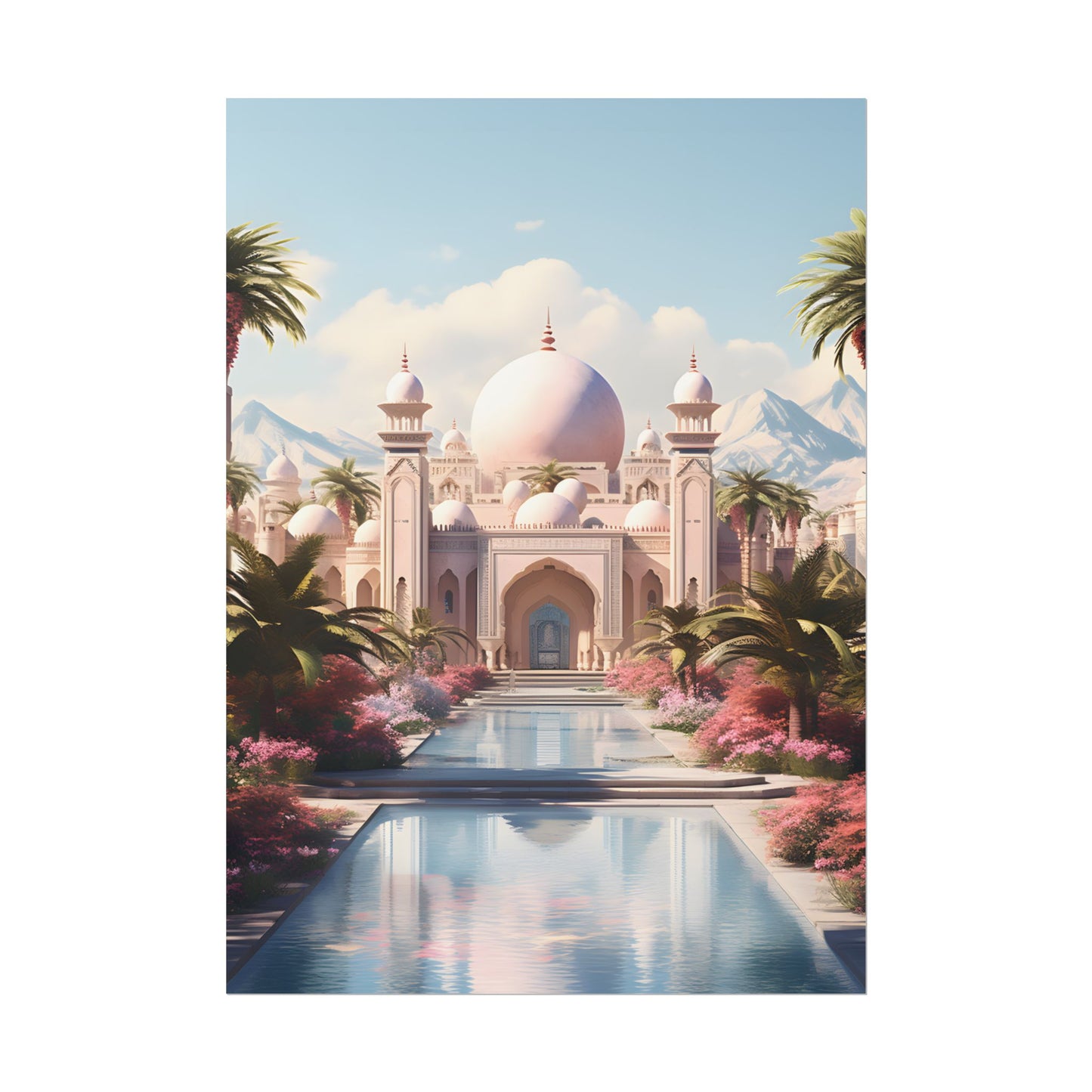 Serene Arabian Desert Oasis: Camels in a Palm Tree Landscape - Poster