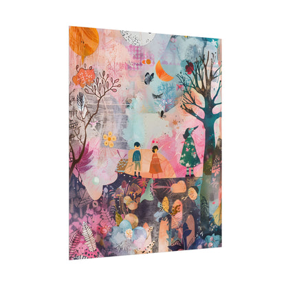 Colorful Whimsy: Blue Fish, Yellow Bird, Pink Cat Art Collage - Poster