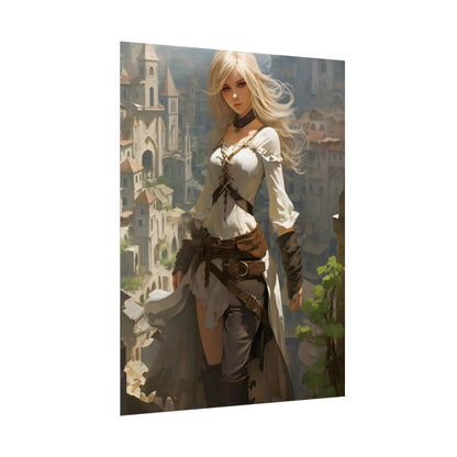 Anime Bird's Eye View Portrait: Blonde Beauty in Motion - Poster