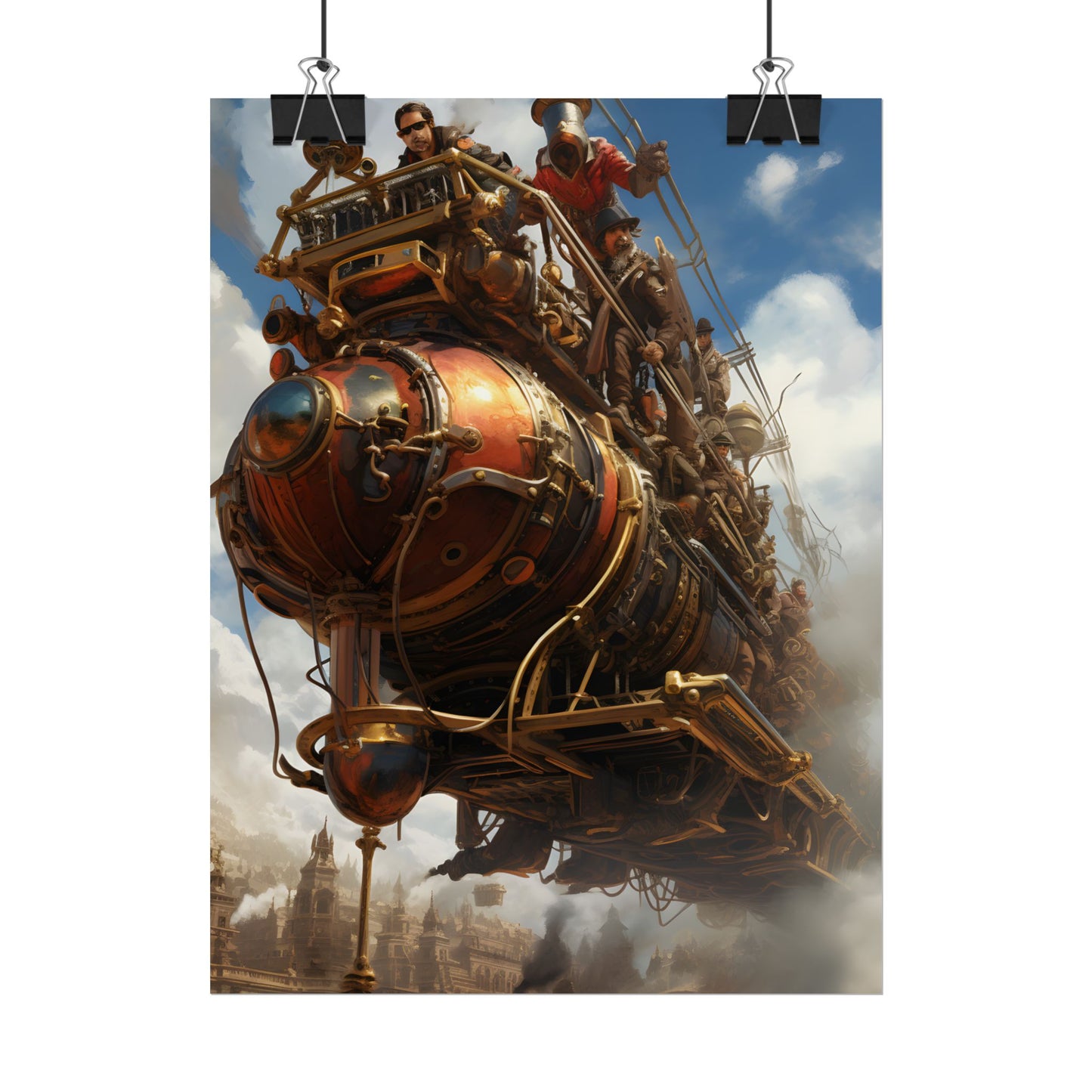 Thrilling Steampunk Sky-Liner: Racing Steam Locomotive on Colum - Poster