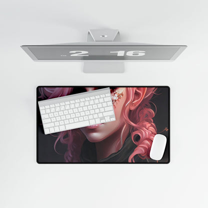 Astonishing Female Portrait: Vibrant Pink Hair in Dark Elegance - Desk Mat