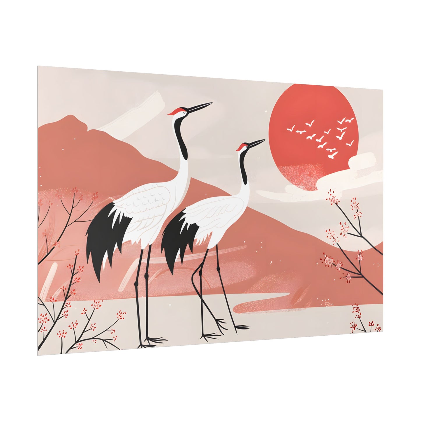 Serene Landscape with Cranes: Peaceful Nature Art - Poster