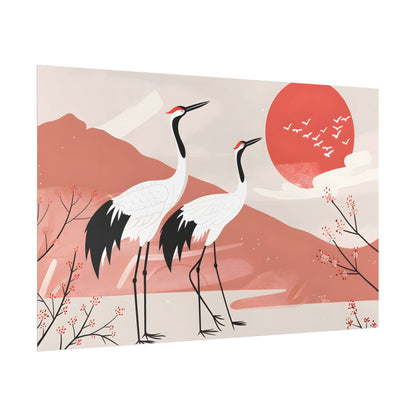 Serene Landscape with Cranes: Peaceful Nature Art - Poster