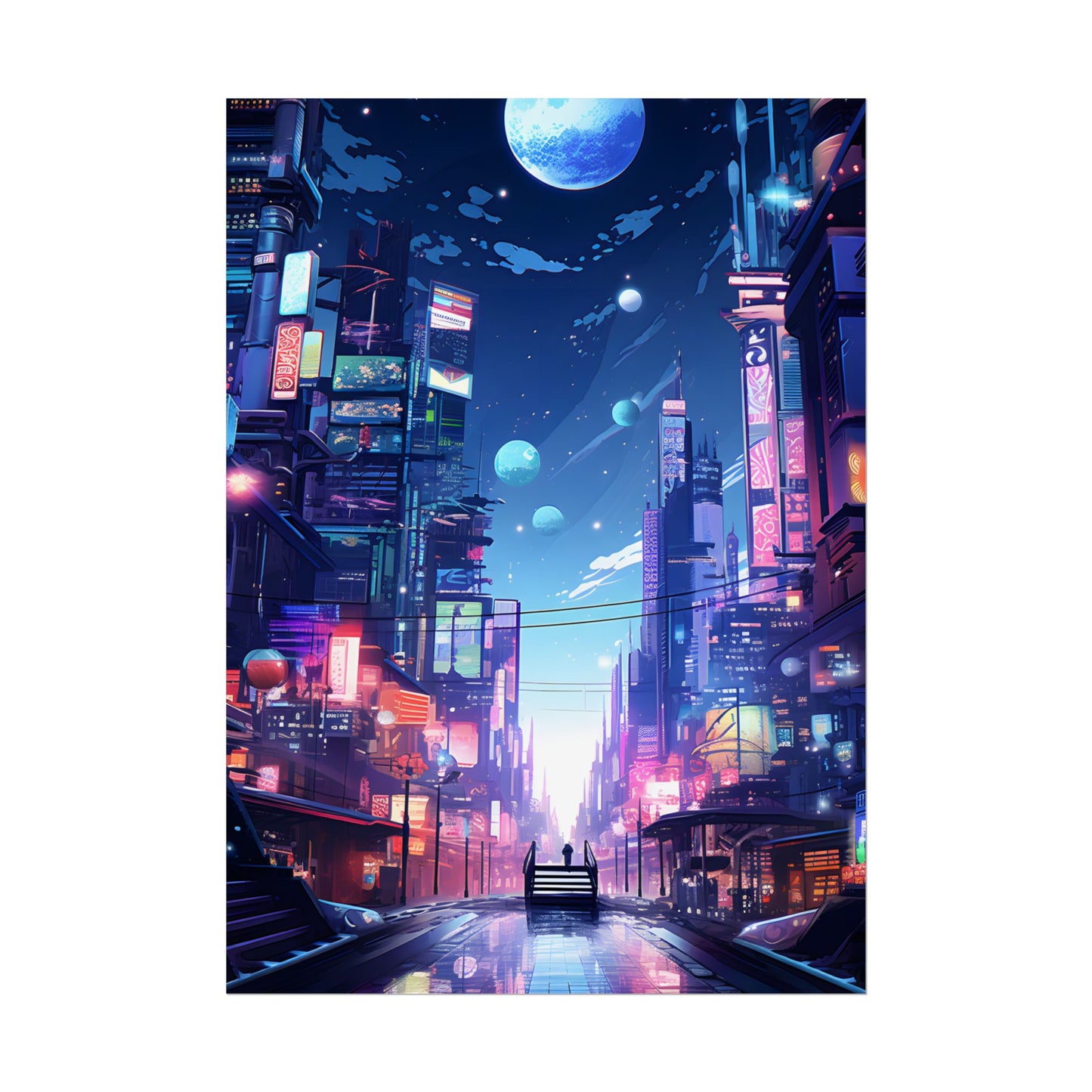 Melancholic Night in Cyberpunk City: Urban Landscape Art - Poster