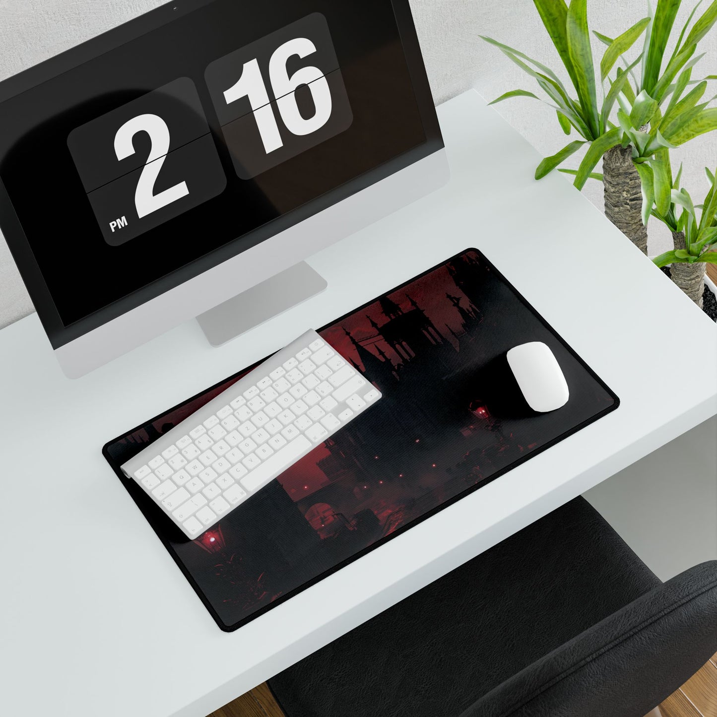 Gothic Cityscape at Dusk: Ethereal Misty Architecture Art - Desk Mat