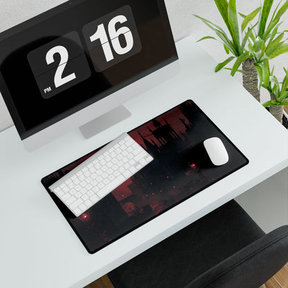 Gothic Cityscape at Dusk: Ethereal Misty Architecture Art - Desk Mat