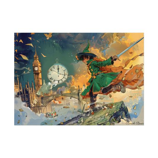 Whimsical Green Tunic Boy: Mischievous Illustration - Poster