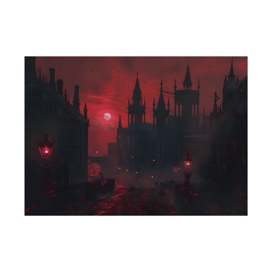 Gothic Cityscape at Dusk: Ethereal Misty Architecture Art - Poster