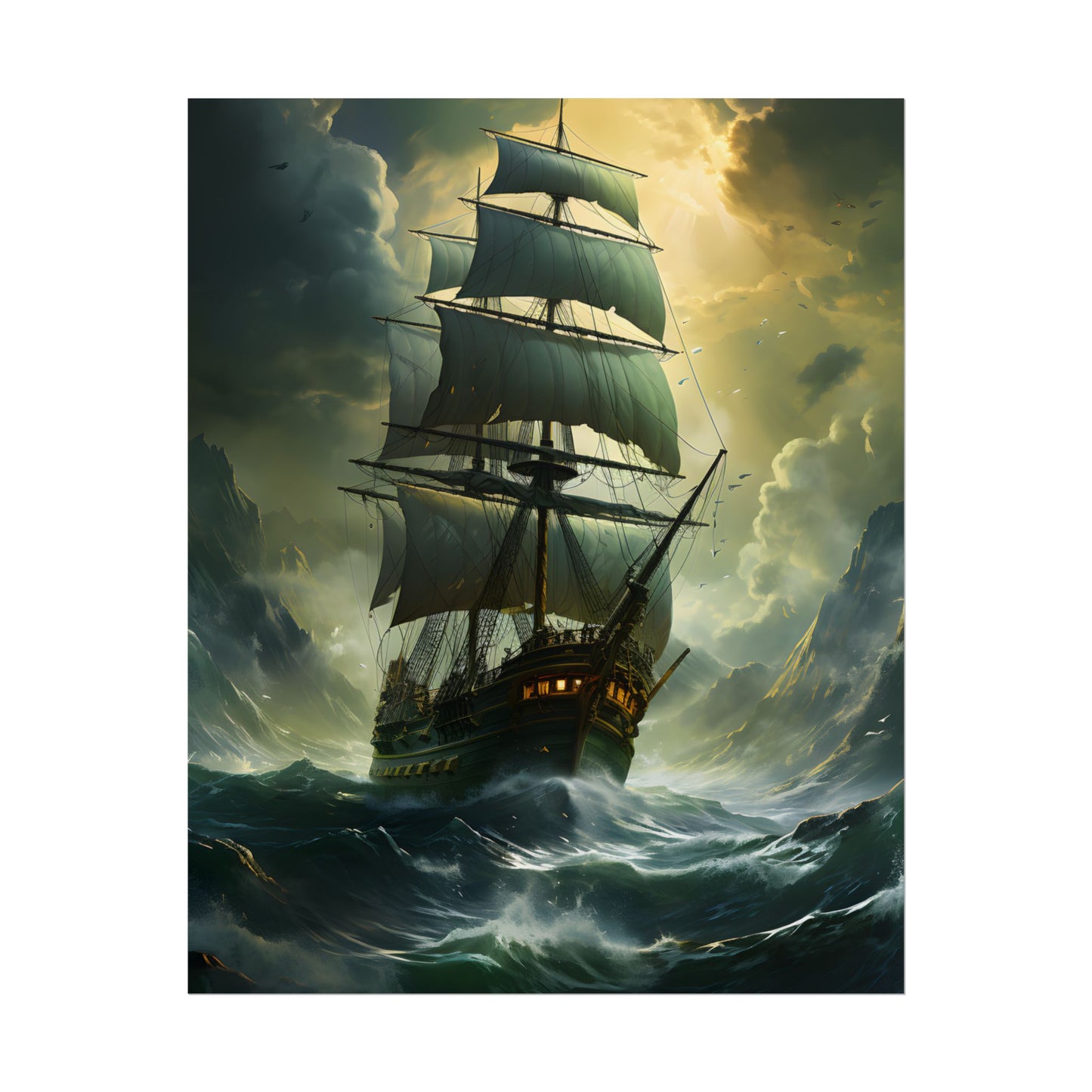 Green Realism: Majestic Ship Oil Painting - Poster