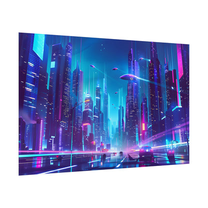 Futuristic Neon City: Towering Skyscrapers in a Vibrant Nighttime Sky - Poster