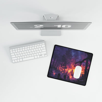 Misty Forest Sunset: Serene Hike Digital Art - Desk Mat