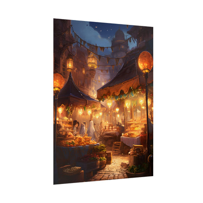 Magical Street Food Market: A Colorful Nighttime Scene - Poster