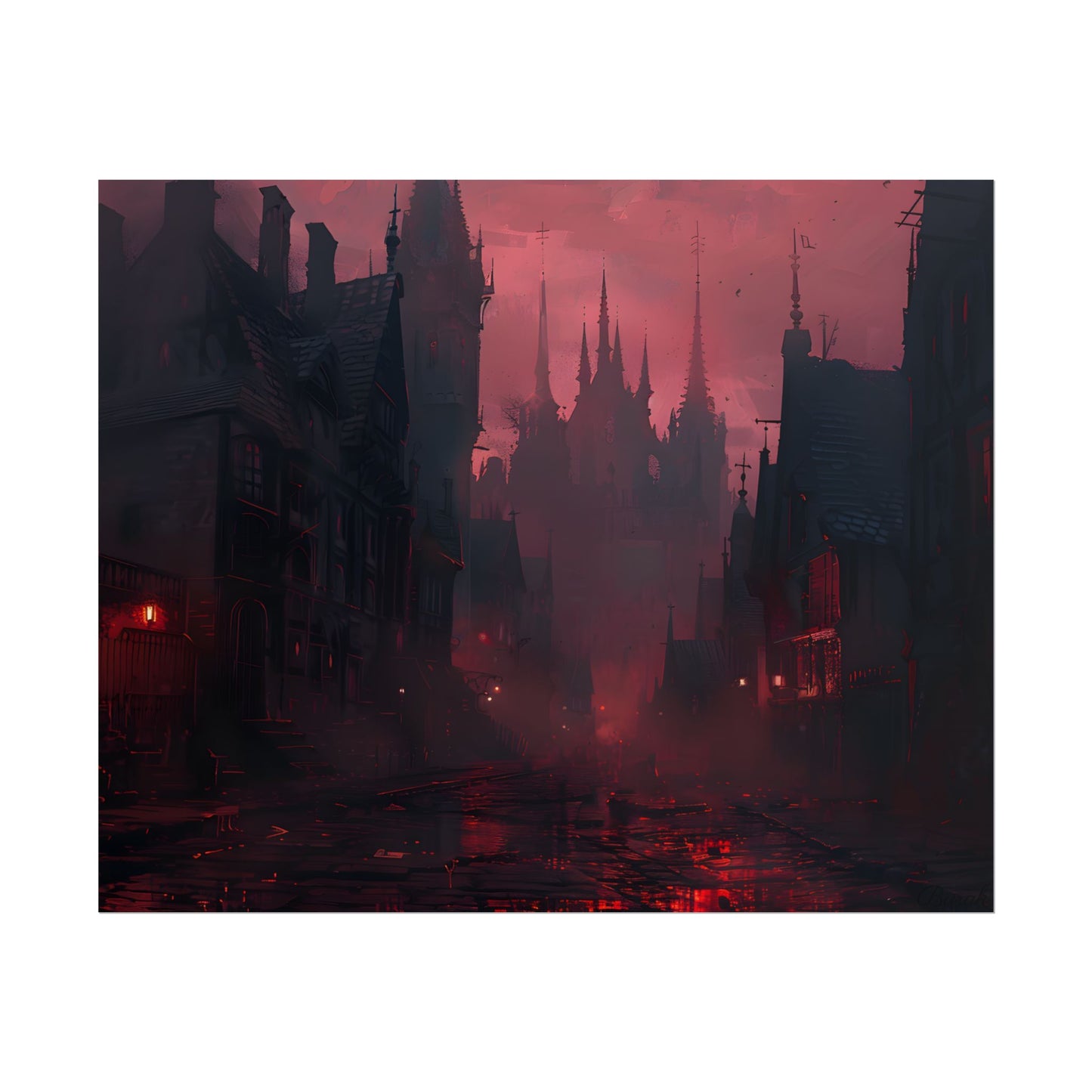 Dark Gothic Cityscape: A Serene Misty Dusk Scene - Poster