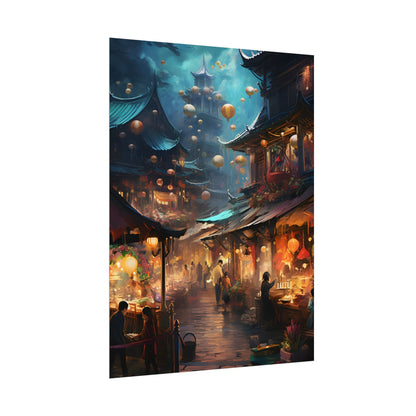 Enchanted Street Food Market: Vibrant Evening Artwork - Poster