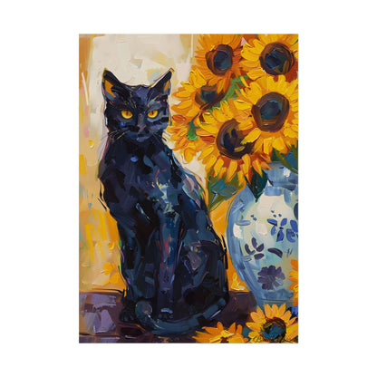 Whiskers by Sunshine: Black Cat in a Blooming Garden - Poster