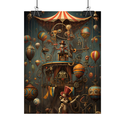 Whimsical Clockwork Circus: Fantastical Wooden Horse in Steampunk Dreamscape - Poster