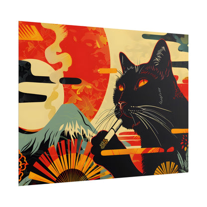 Whimsical Cat Smoking: Red & White Stripe Artwork - Poster