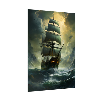 Green Realism: Majestic Ship Oil Painting - Poster