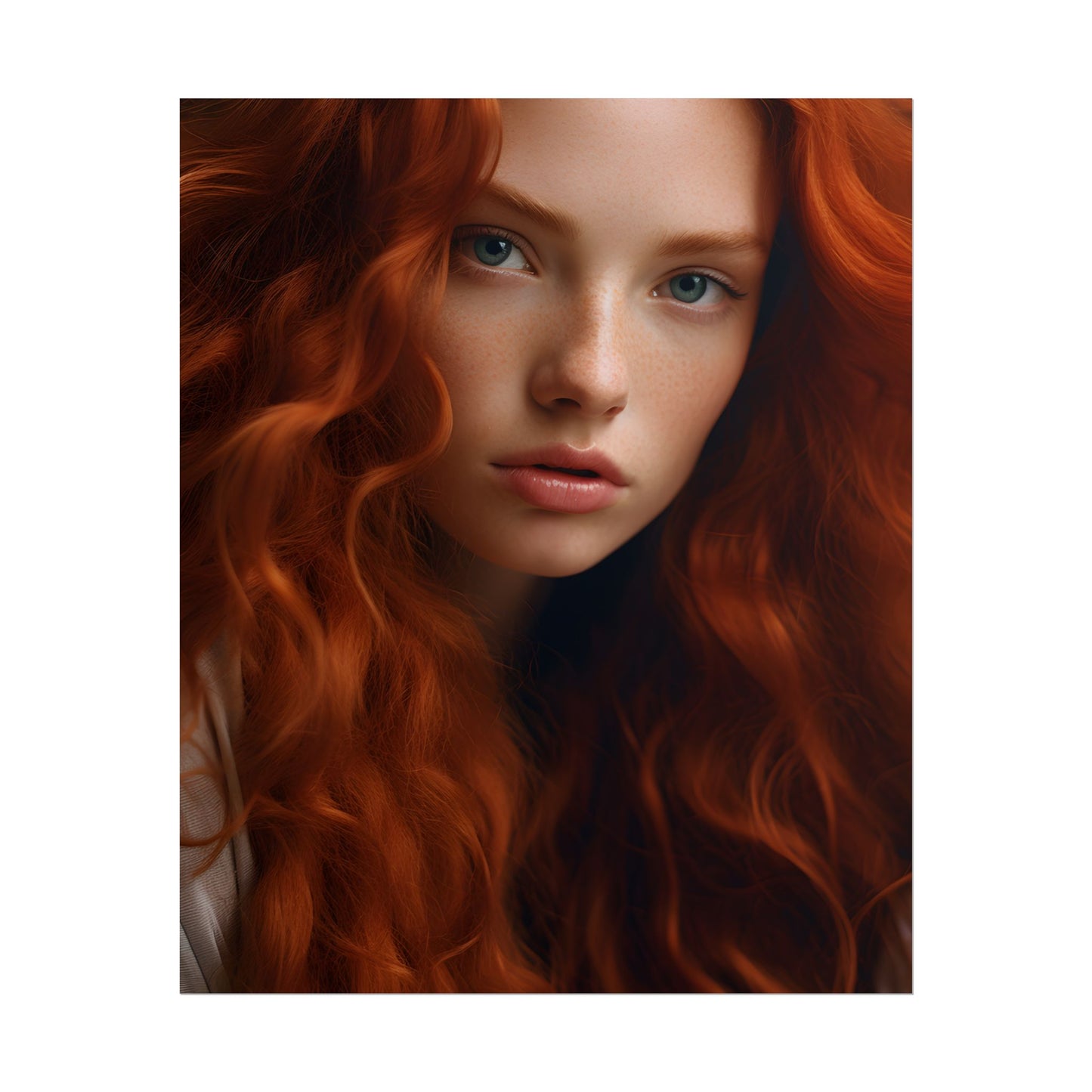 Feminine Portrait: Redheaded Woman in Light Blue - Poster