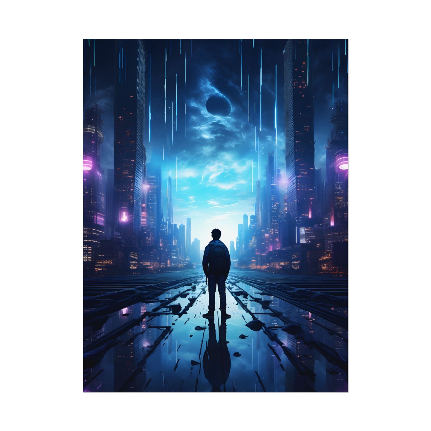 Cyberpunk Cityscape at Night: Melancholic Landscape Digital Art - Poster