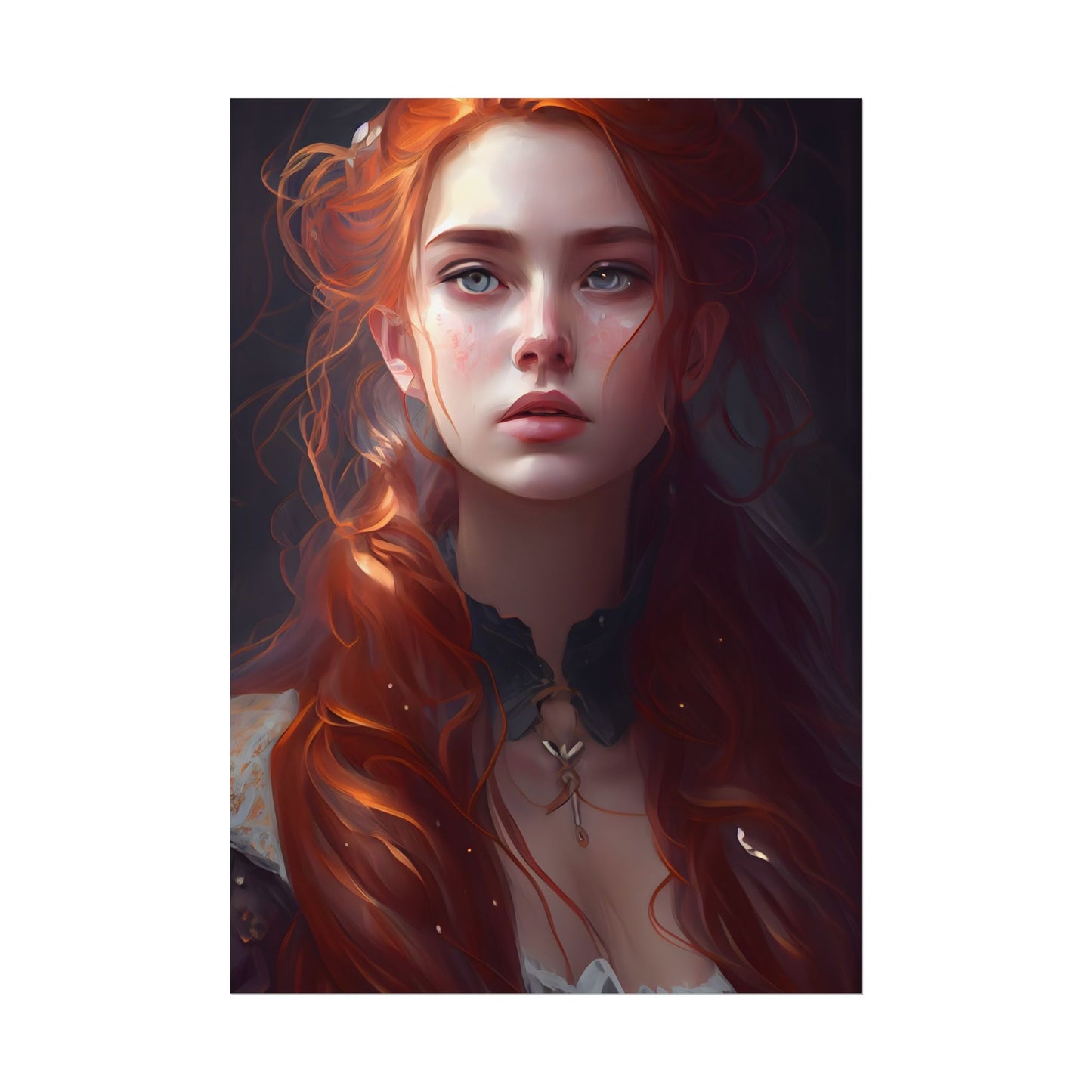 Elegant Redhead Portrait: Female Artwork in Dress - Poster