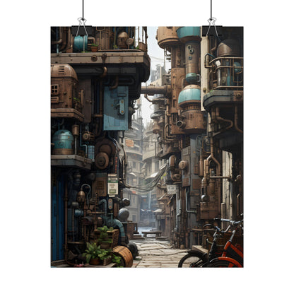 Steampunk Urban Decay: Post-Apocalyptic Cityscape at Dusk - Poster