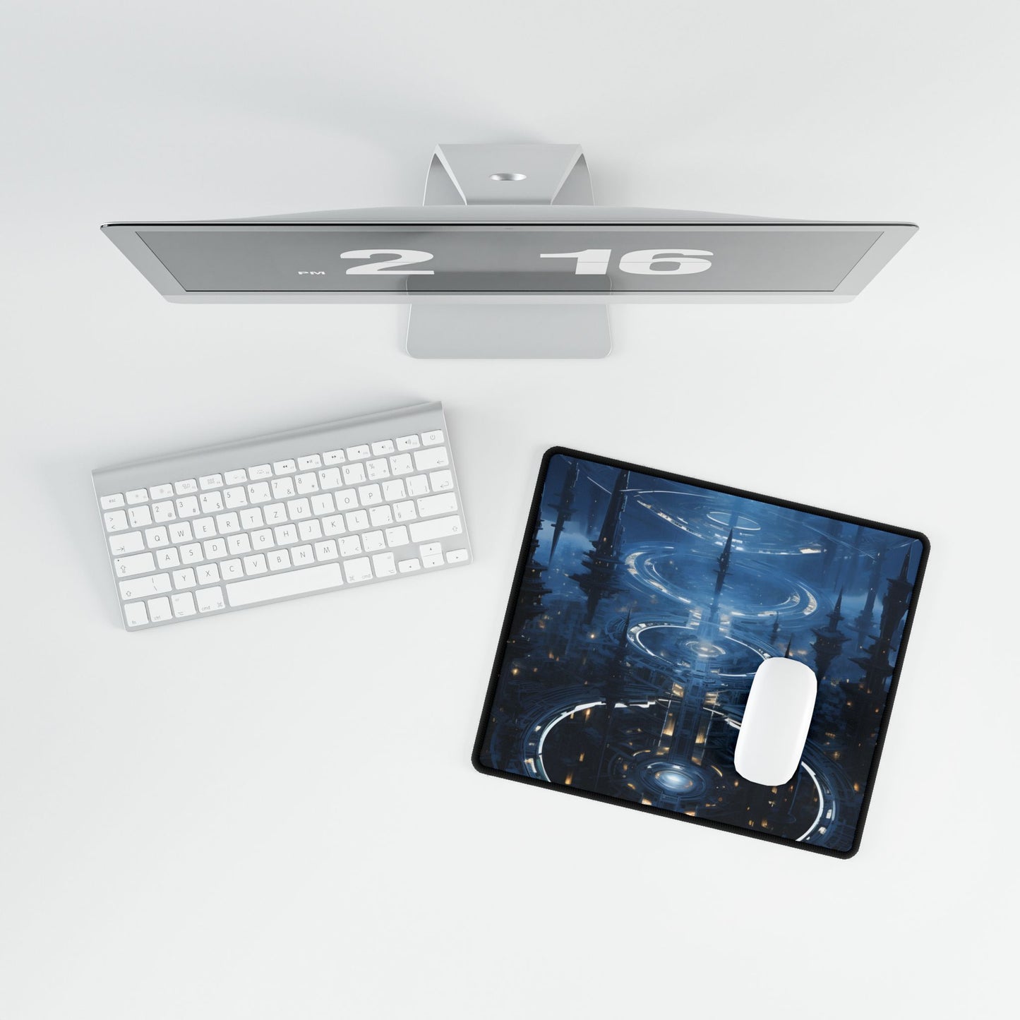 Aetherial Space Station: Galactic Hub in Vibrant Blue Nebula - Desk Mat