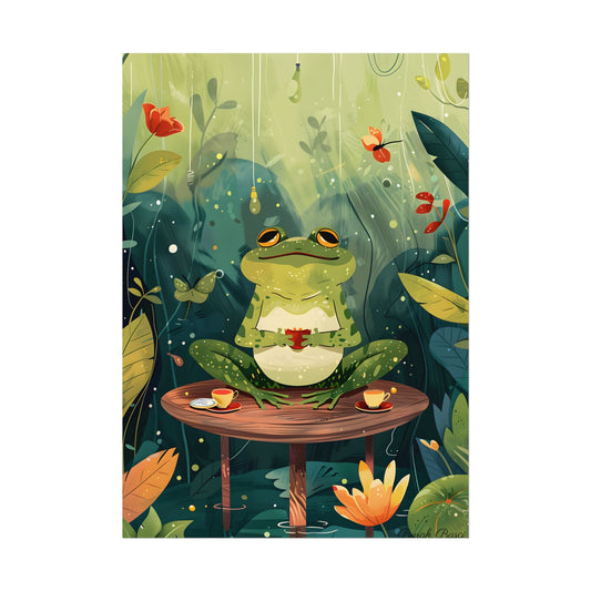 Whimsical Frog on Water: Playful Lily Pad Illustration - Poster