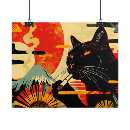 Whimsical Cat Smoking: Red & White Stripe Artwork - Poster