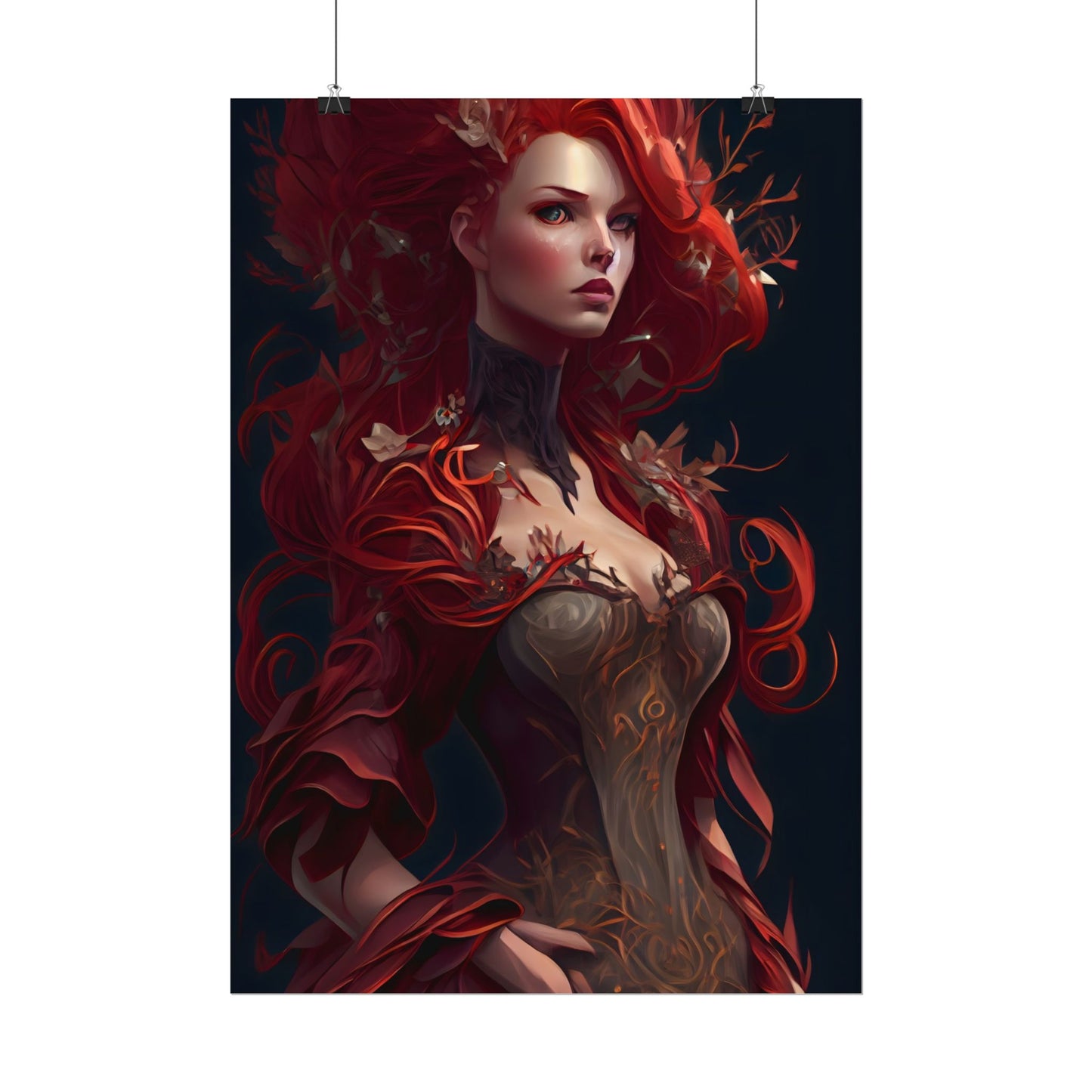 Red Hair Portrait: Elegant Female in Black Dress - Poster