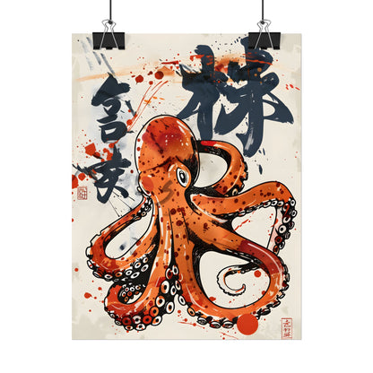 Traditional Japanese Octopus Art: Ukiyo-e Style Mural - Poster