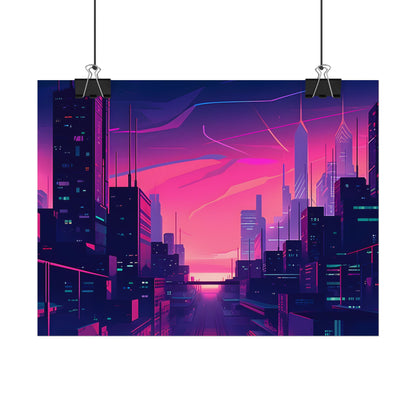 Melancholic Cyberpunk Cityscape: Neon Night Digital Art - Poster