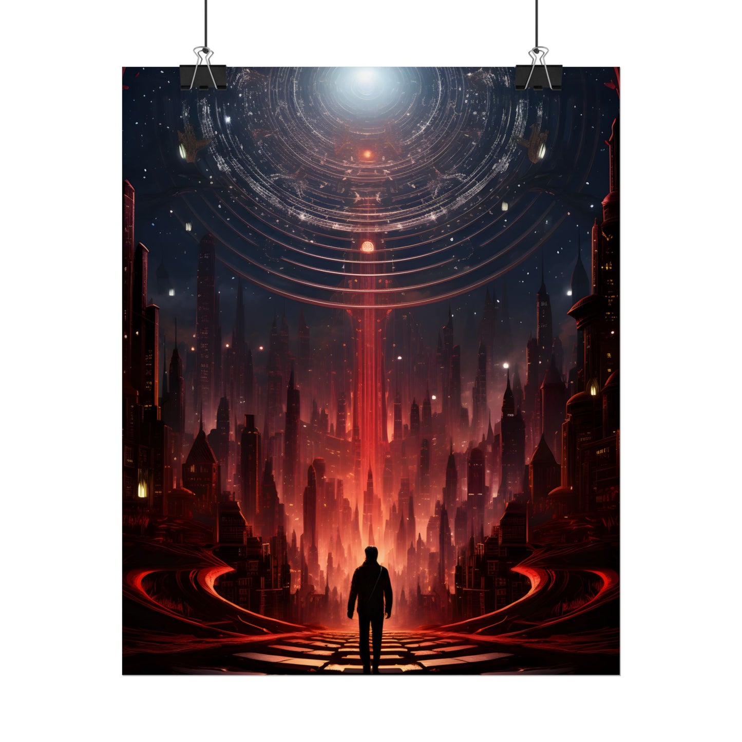 Futuristic Cityscape: Neon Sky Meets Nature's Harmony - Poster