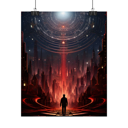 Futuristic Cityscape: Neon Sky Meets Nature's Harmony - Poster