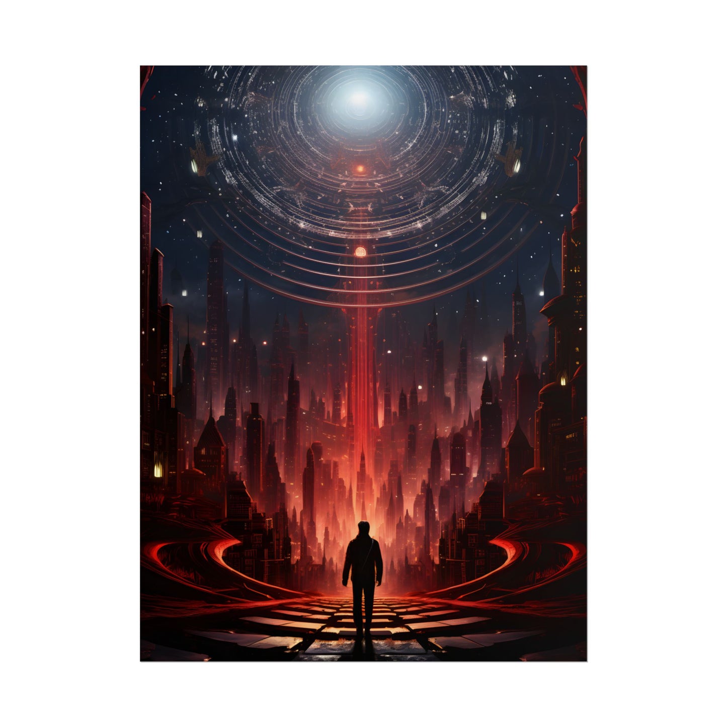 Futuristic Cityscape: Neon Sky Meets Nature's Harmony - Poster
