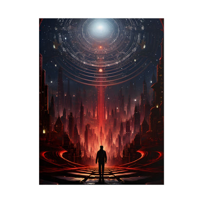 Futuristic Cityscape: Neon Sky Meets Nature's Harmony - Poster