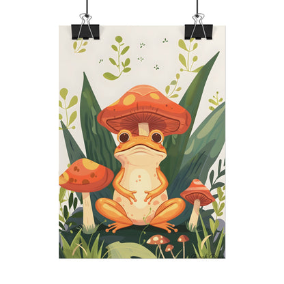 Retro Whimsy: Frog & Mushrooms in Close-Up Charm - Poster