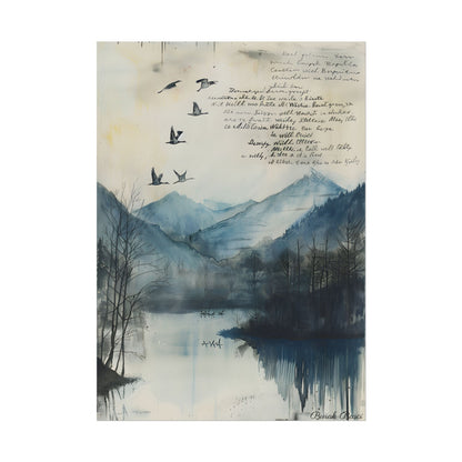 Nature's Serenity: Mountain Lake Birds in Flight Artwork - Poster