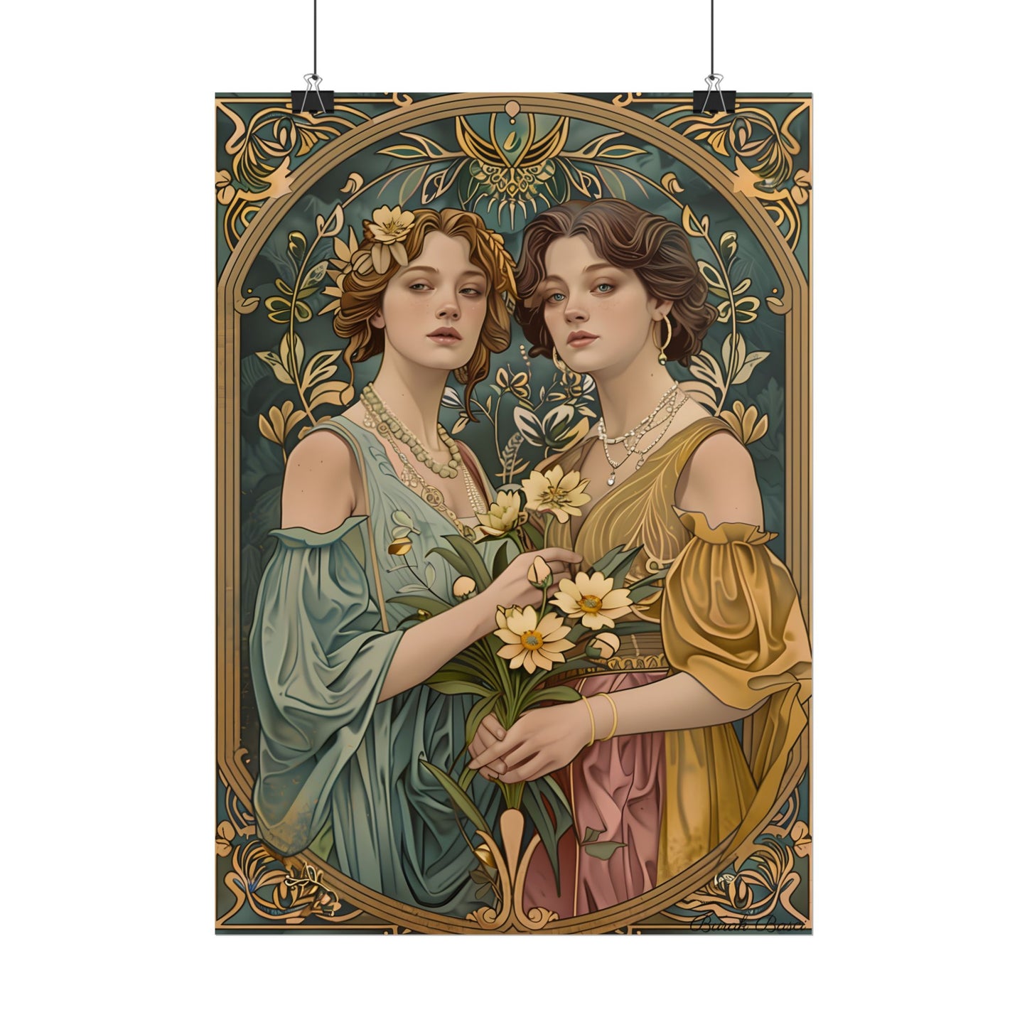 Two Women in Ornate Attire Holding Primr: Traditional Turkish Artwork - Poster