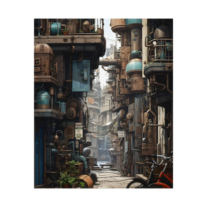 Steampunk Urban Decay: Post-Apocalyptic Cityscape at Dusk - Poster