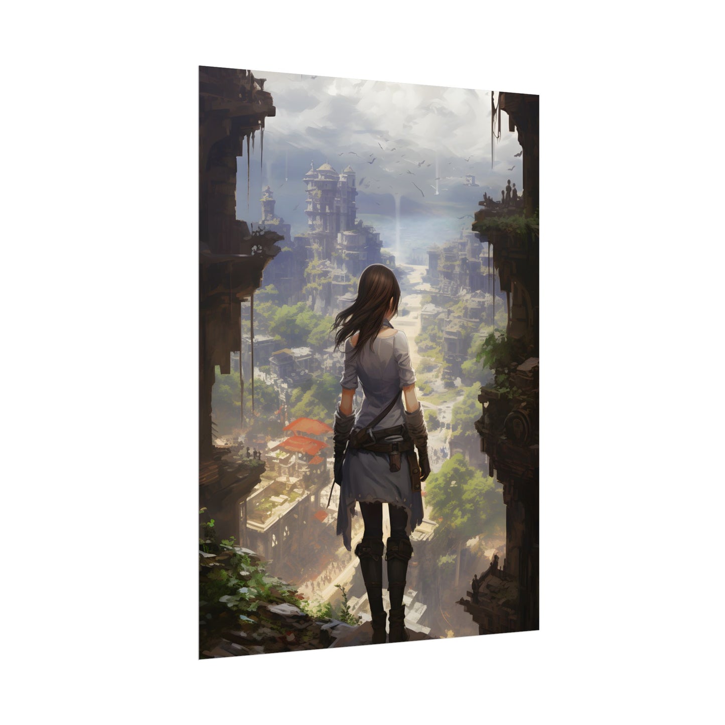 Dramatic Anime City Warrior: Bird's Eye View Digital Art - Poster