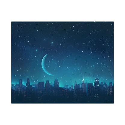Starry Night Sky: Tranquil Dark Blue Scene with Crescent Moon - Poster