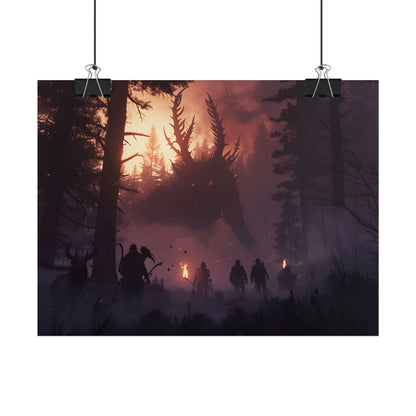 Serene Forest Sunset: Group Walking Through Misty Landscape - Poster