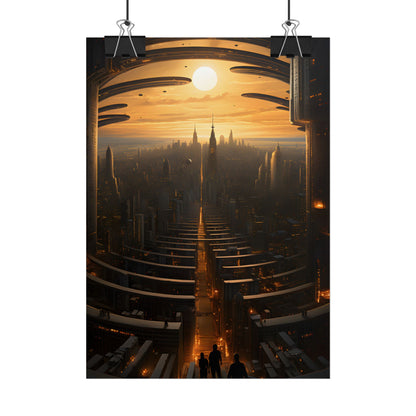 Dystopian Utopia: Futuristic Cityscape with Dark Facade - Poster