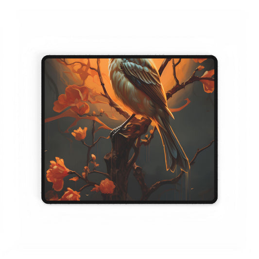 Enigmatic Songbird Guardian: Urban Artwork - Desk Mat