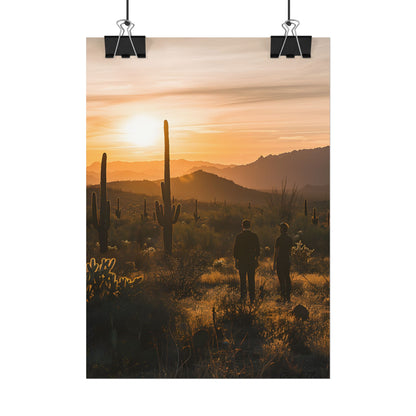 Desert Sunset Serenity: Two Friends Standing Together - Poster