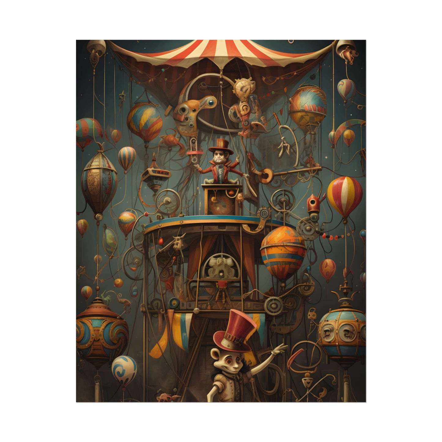 Whimsical Clockwork Circus: Fantastical Wooden Horse in Steampunk Dreamscape - Poster