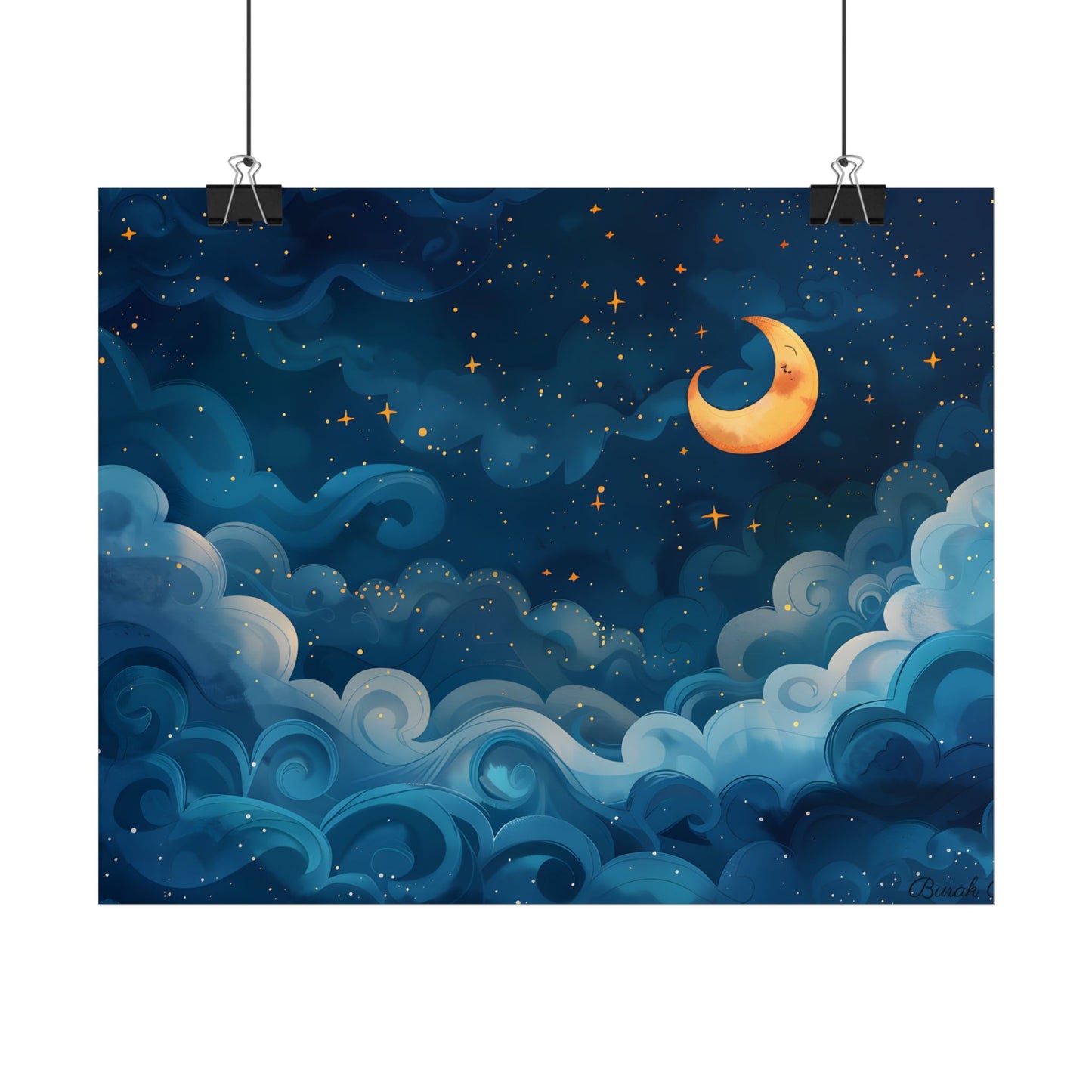 Surreal Night Sky Dreamscape: Whimsical Stars and Clouds Art - Poster