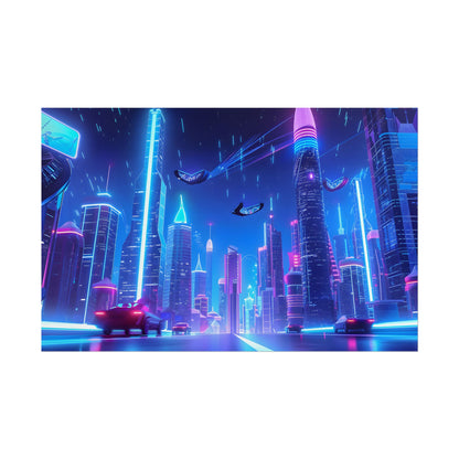 Vibrant Futuristic Cityscape: Neon Lights at Night Digital Artwork - Poster