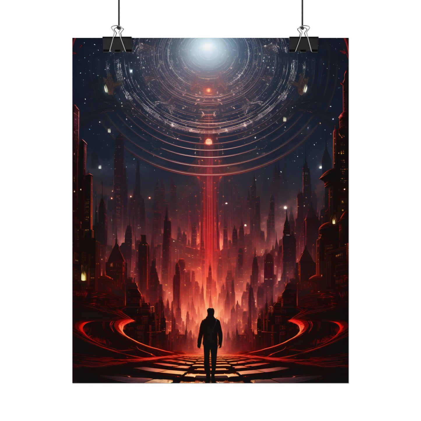 Futuristic Cityscape: Neon Sky Meets Nature's Harmony - Poster